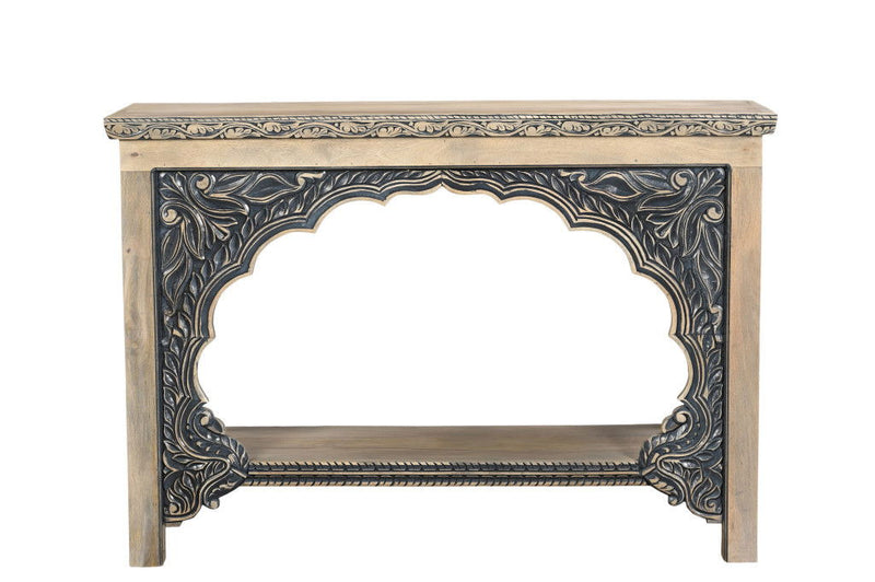 56" Solid Wood Distressed Console Table With Shelf - Black And Natural