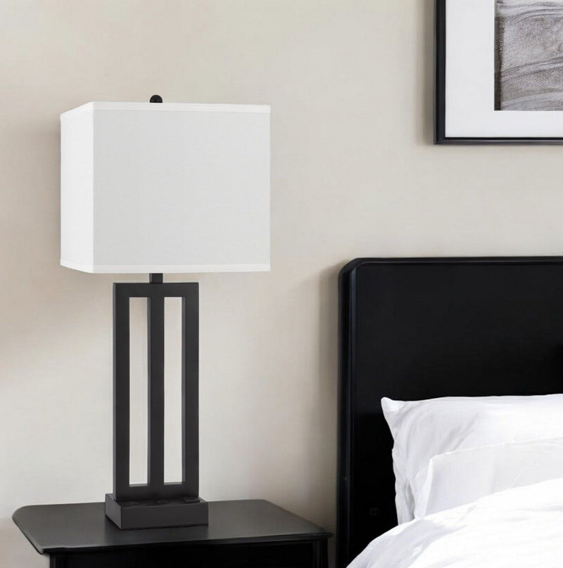 Metal USB Table Lamp With White Shade - Black