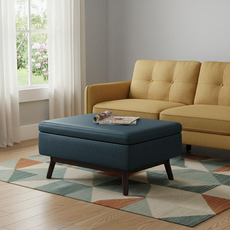 34" Leather Cocktail Ottoman With Storage - Blue / Brown