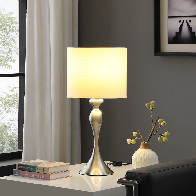 Metal Table Lamp With Off-White Drum Shade - Silver