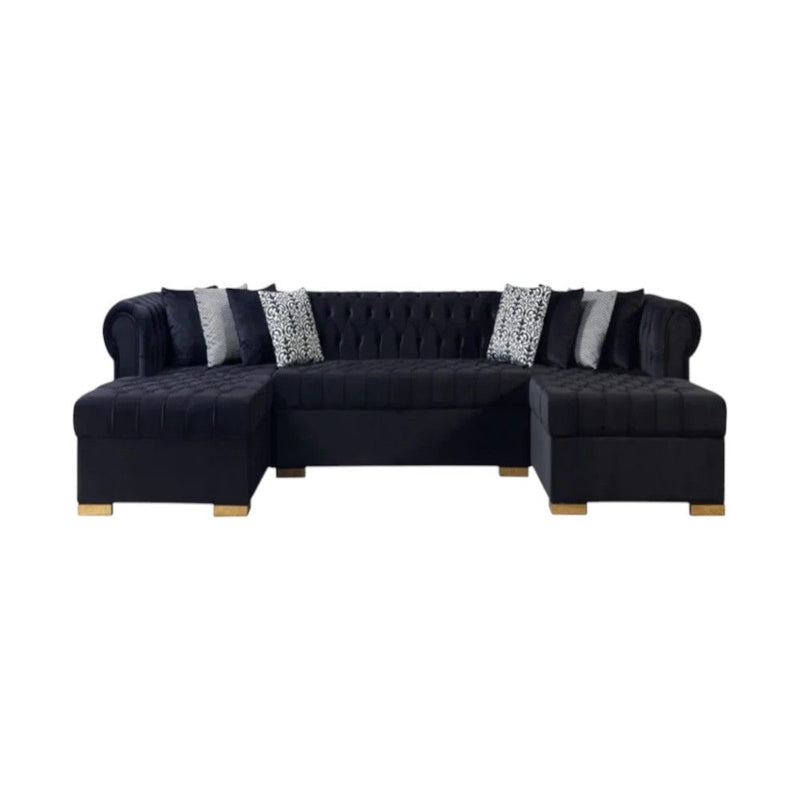 Velvet U Shaped Three Piece Sofa Chaise Sectional With Toss Pillows - Black