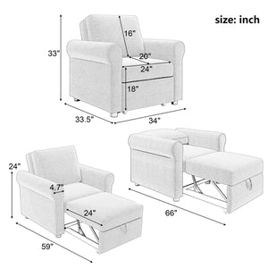 Modern 3 In 1 Convertible Sleeper Chair Bed, Linen Upholstery, Adjustable Backrest