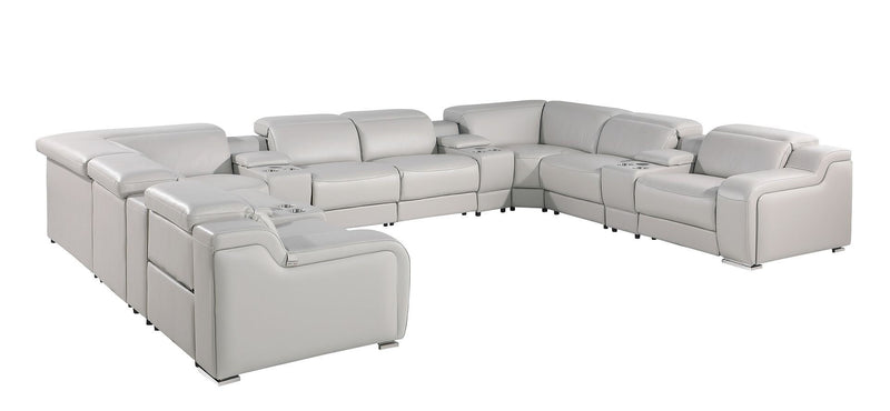 Italian Leather Power Reclining U Shaped Twelve Piece Corner Sectional With Console - Light Gray