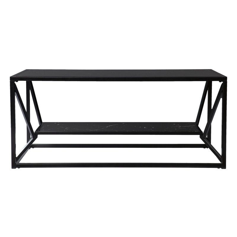 Glass Faux Marble Metal Coffee Table With Shelf - Black
