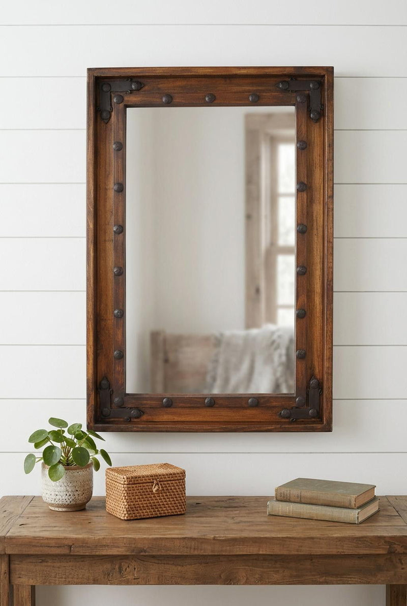 Solid Wood Rustic Framed Accent Mirror - Brown / Rust