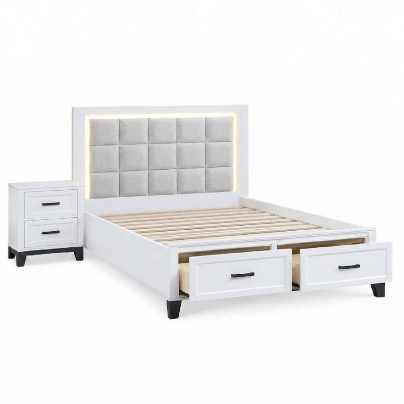Bedroom Set, Bed With Drawers And Upholstered Headboard LED Lighting