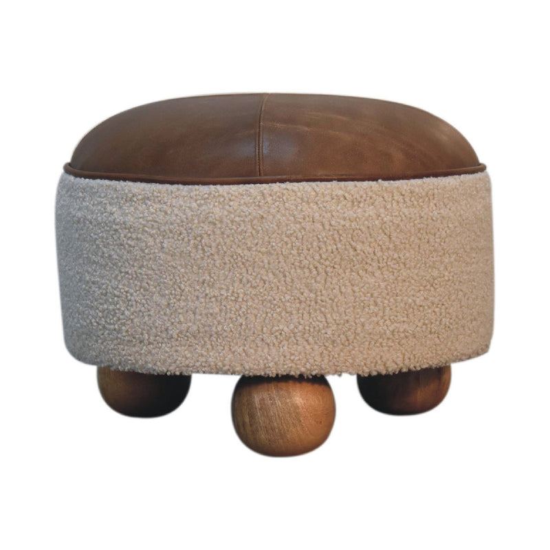 Boucle Round Footstool (719525) - Cream / Brown