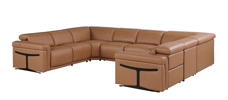 Italian Leather Power Reclining U Shaped Eight Piece Corner Sectional With Console - Chestnut
