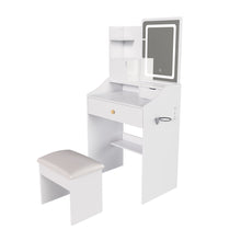 Load image into Gallery viewer, 3 Color LED Vanity Mirror With Stool, Dressing Table For Bedroom, 2 Drawers &amp; 5 Storage Cabinets (4 Open + 1 Hidden), Adjustable Lighting - White
