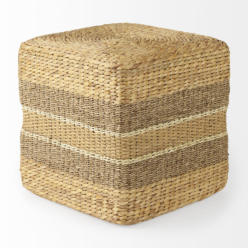 Fabric Striped Round Pouf Ottoman - Brown / Gray