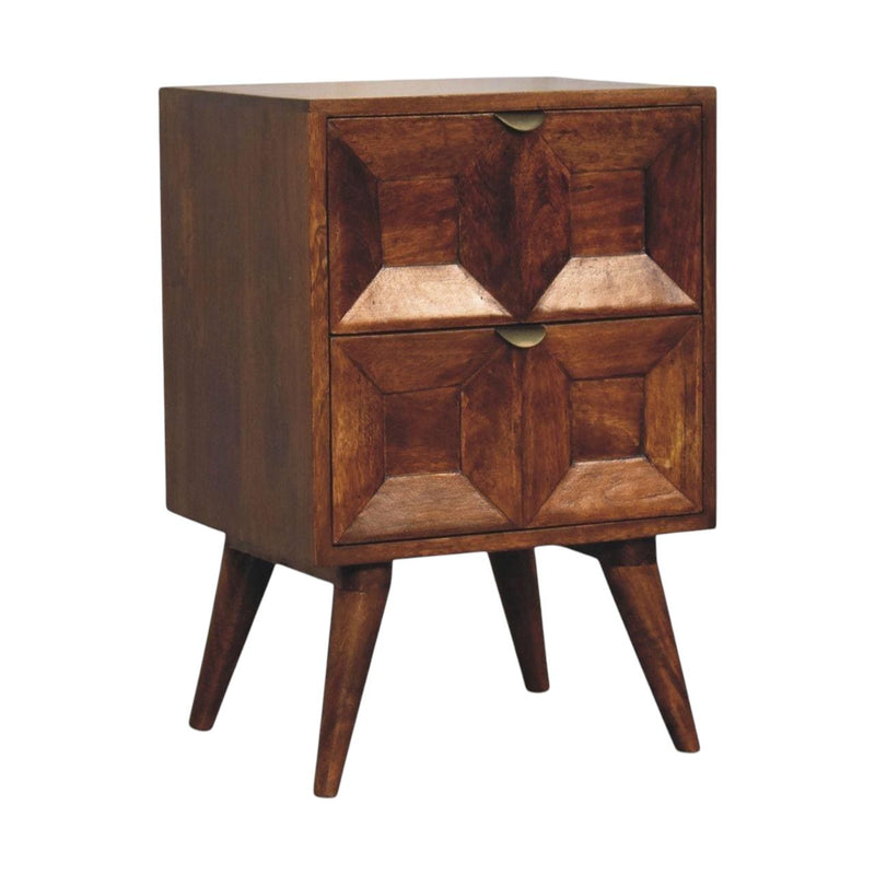 Solid Wood Carved Geometric Two Drawer Nightstand - Chestnut