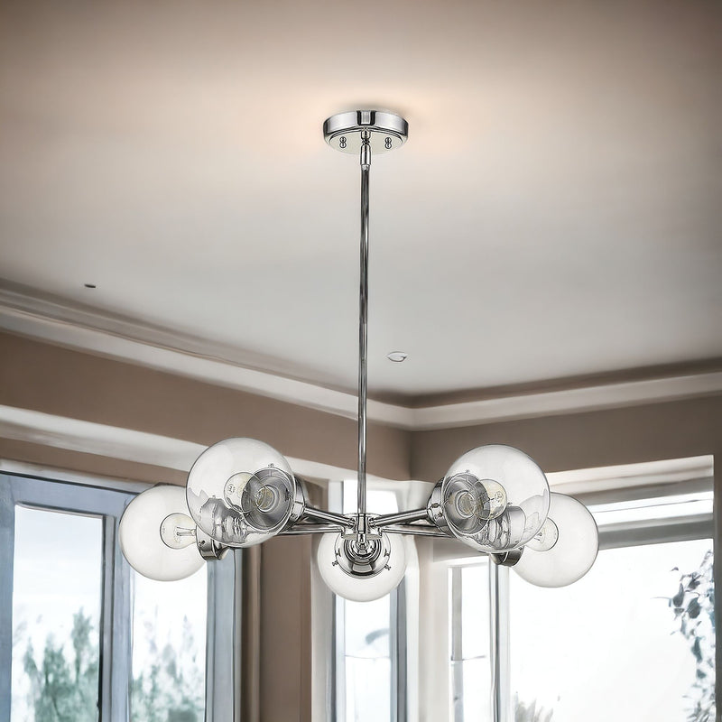 Five Light Metal Dimmable Chandelier With Clear Shades - Silver