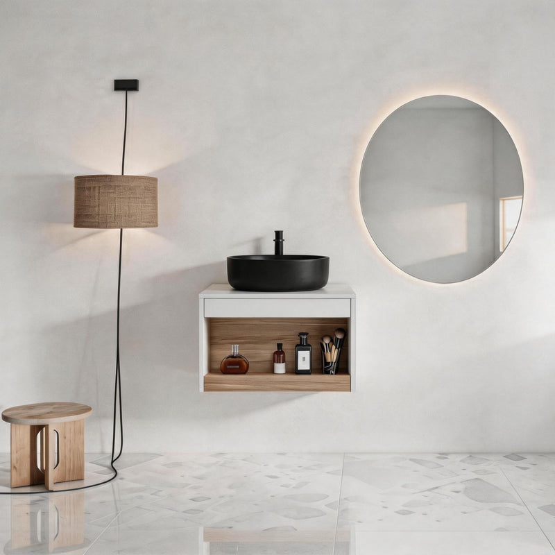 Floating Bathroom Vanity With Glossy Round Vessel Sink