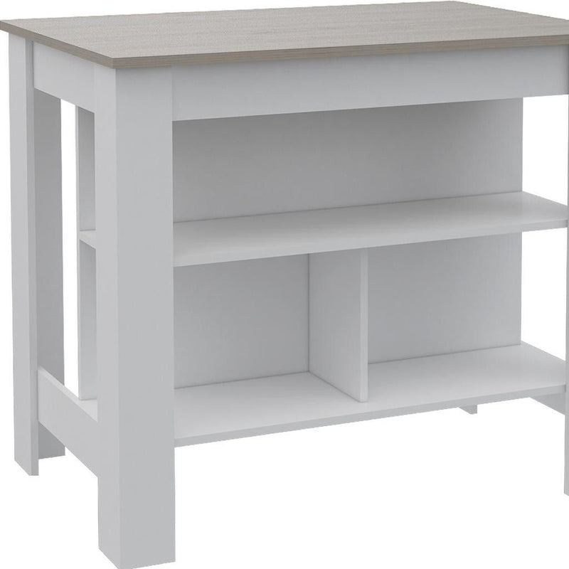 Light Gray And Wood Kitchen Island With Storage - White