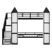 Load image into Gallery viewer, Metal Twin over Twin Castle-shaped Bunk Bed with Wardrobe and Multiple Storage, Black+White
