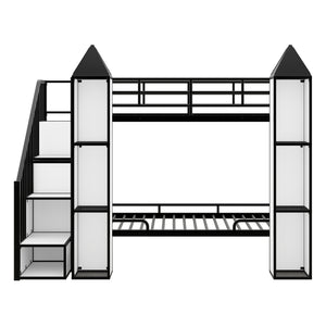 Metal Twin over Twin Castle-shaped Bunk Bed with Wardrobe and Multiple Storage, Black+White