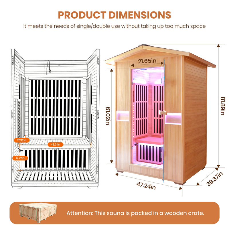 2000W Double Outdoor Far Infrared Sauna Room - Ameican White Oak