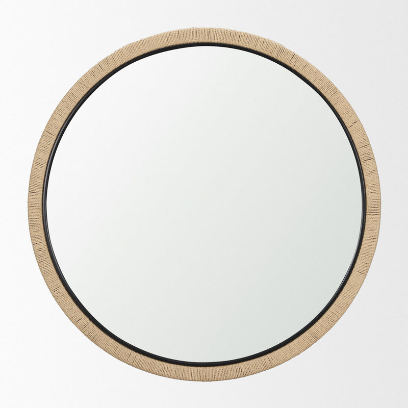 Rattan Round Framed Accent Mirror - Beige