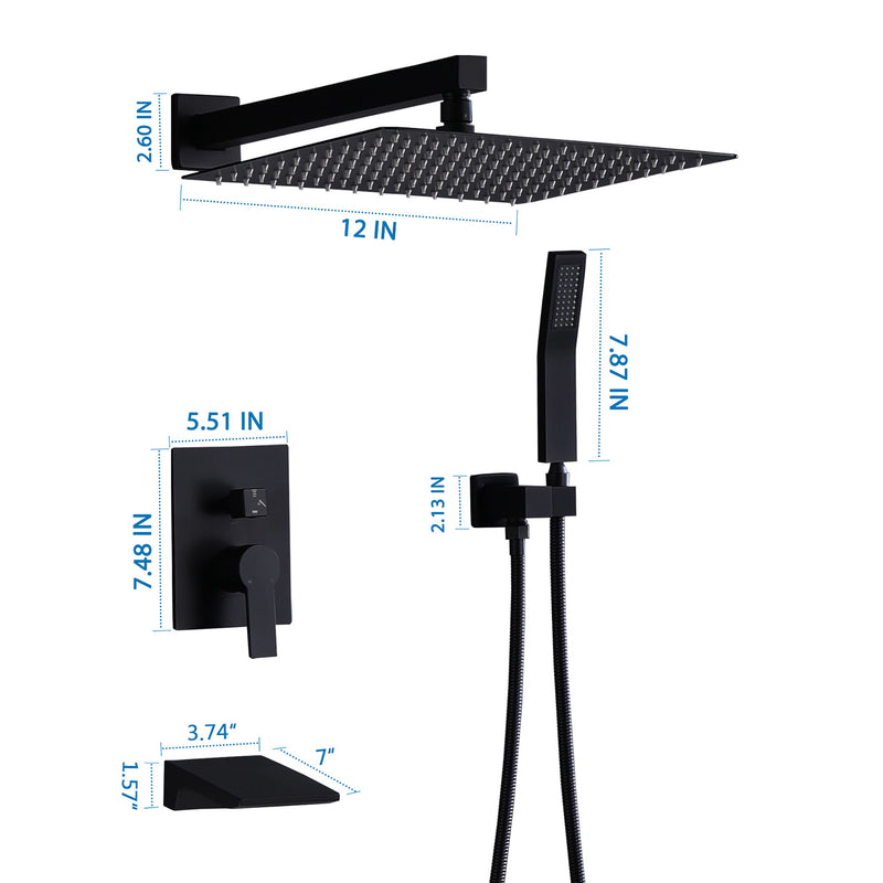 Tub Shower Faucet Set With 12" Rain Shower Head And Handheld Spray Combo