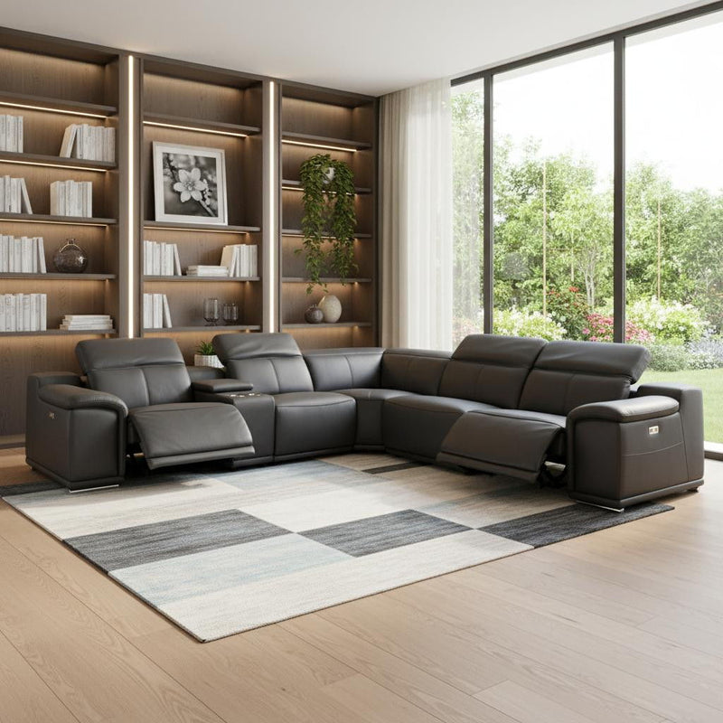 Italian Leather Power Reclining U Shaped Six Piece Corner Sectional With Console - Gray