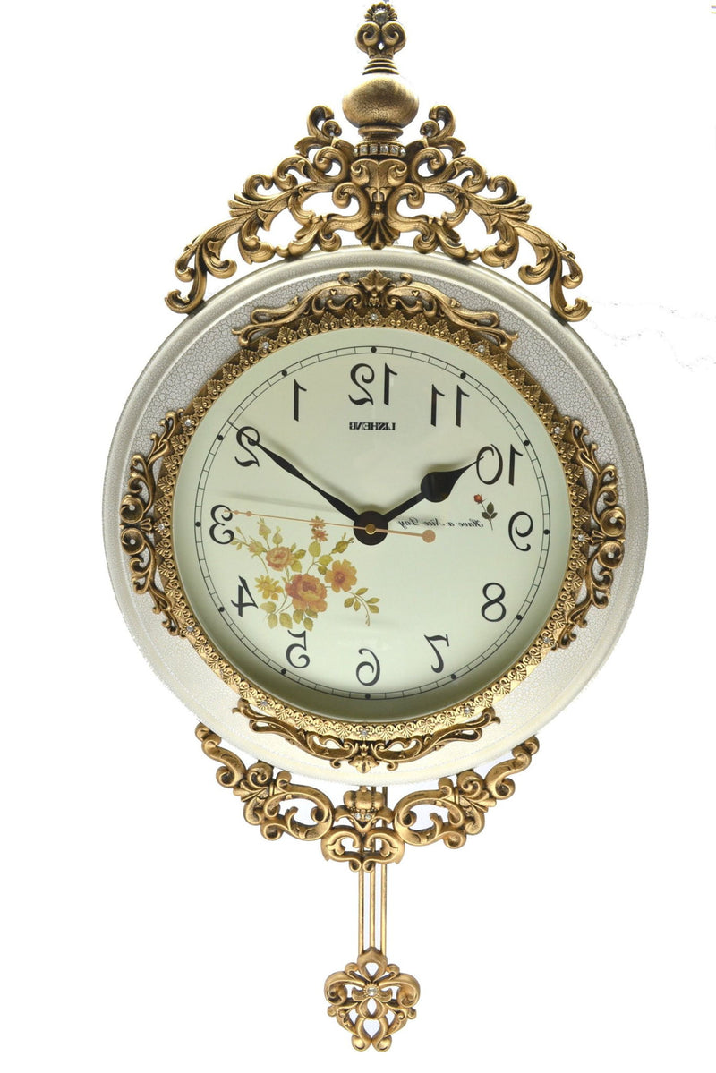 Silent Pendulum Ornate Round Wall Clock - Ivory / Gold