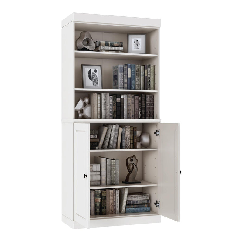 Solid Wood Adjustable Six Tier Library Bookcase With Two Doors - White
