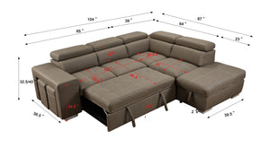 105" Sectional Sofa with Adjustable Headrest ,Sleeper Sectional Pull Out Couch Bed with Storage Ottoman and 2 Stools, Light Brown