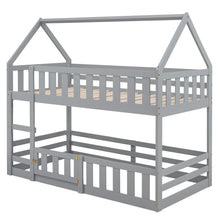 Load image into Gallery viewer, Twin over Twin House Bunk Bed with Fence and Door, Gray
