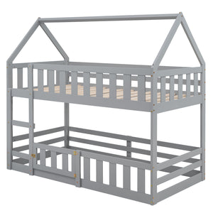 Twin over Twin House Bunk Bed with Fence and Door, Gray