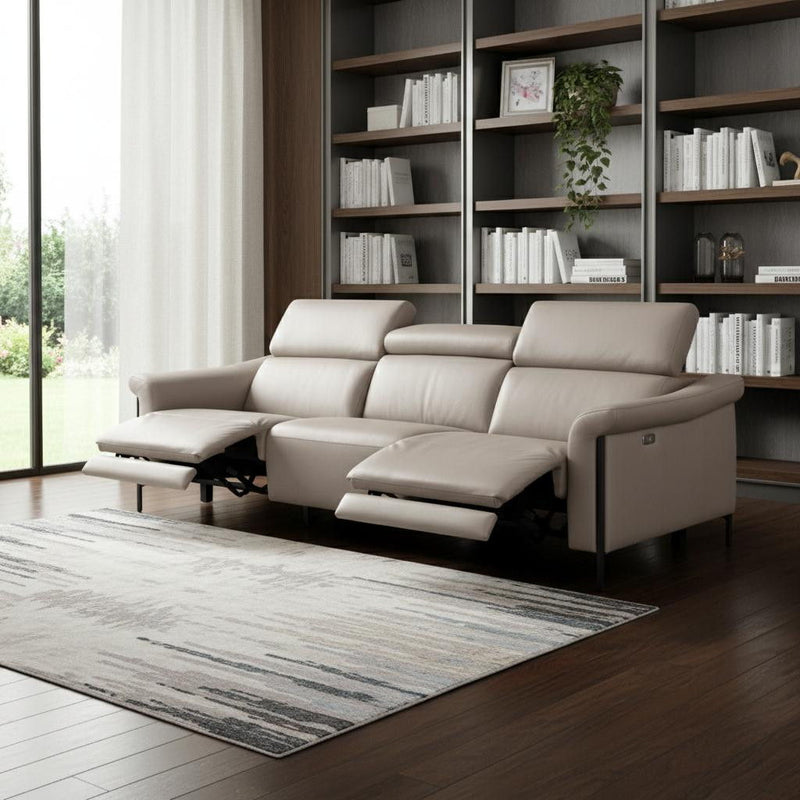 Leather Reclining Wood USB Sofa - Light Gray