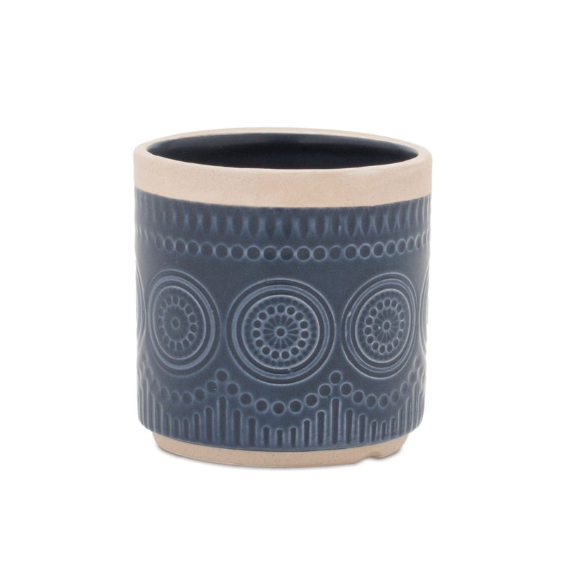 Geometric Round Pot Planters (Set of 2) - Beige / Blue