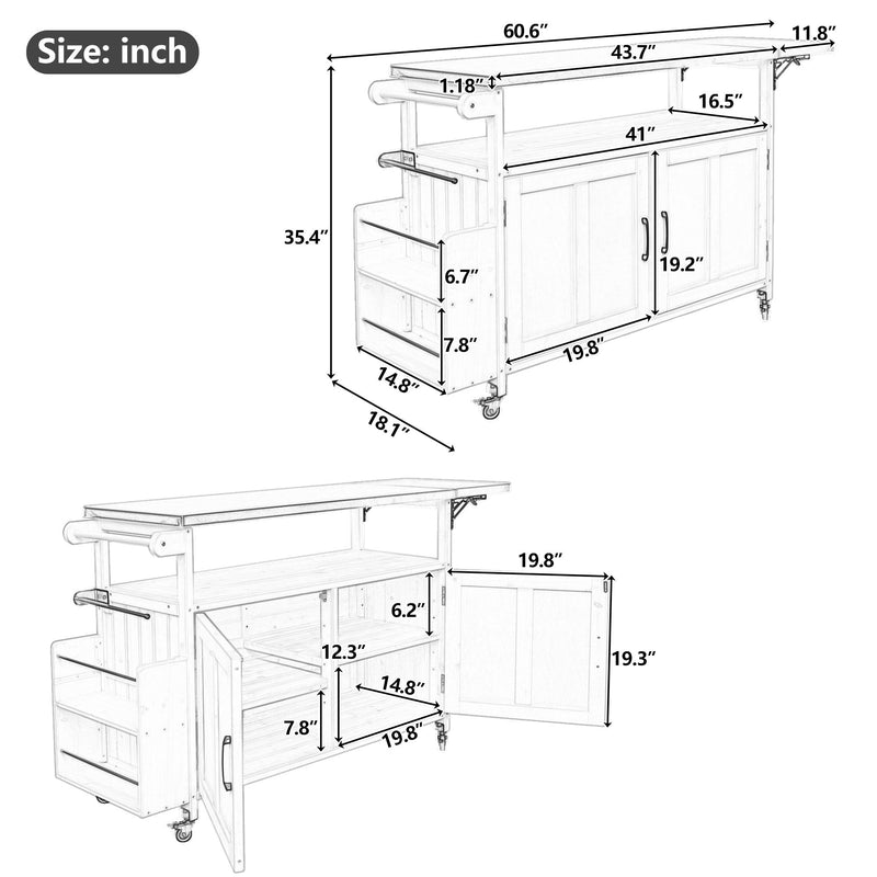 Foldable Outdoor Kitchen Island With Lockable Wheels, Storage Cabinet And Towel Rack For Patio