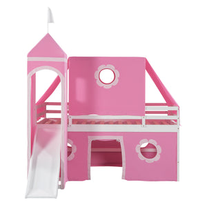 Twin Size Bunk Bed with Slide Pink Tent and Tower - Pink