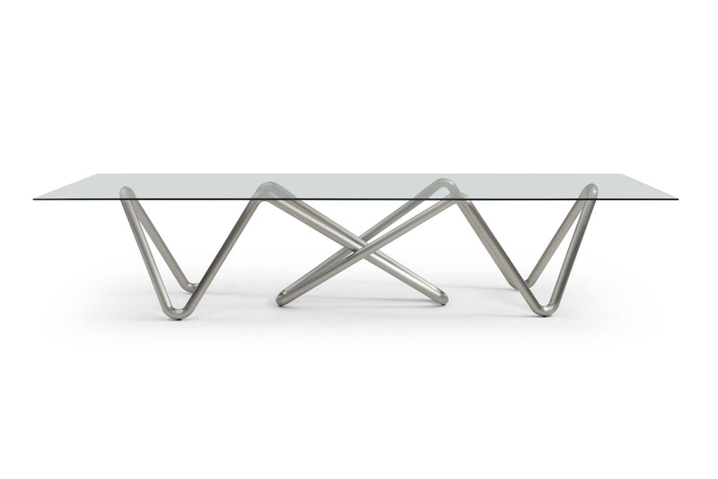 Glass Stainless Steel Double Pedestal Base Dining Table - Clear / Nickel