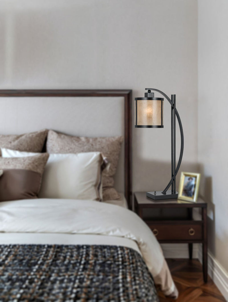 Metal Lantern Table Lamp With White Drum Shade - Black