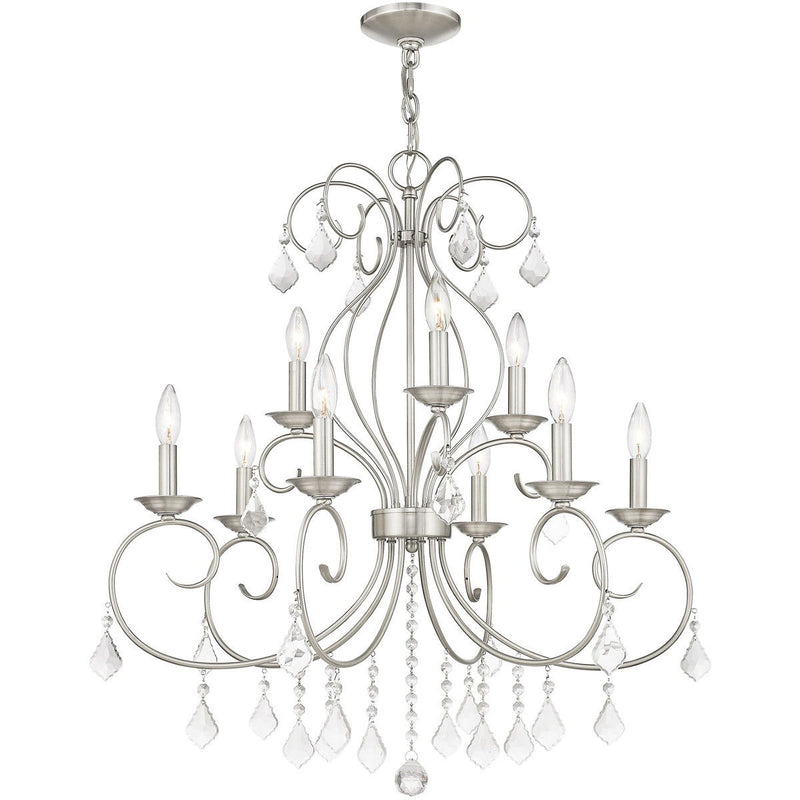 Nine Light Metal Dimmable Chandelier With Shades - Nickel / Clear