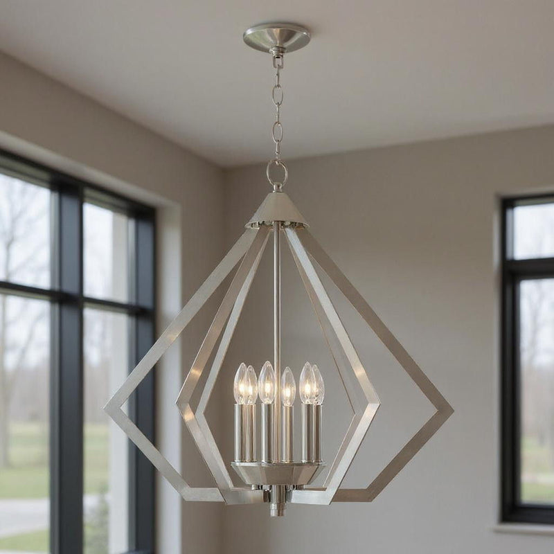 25" Six-Light Dimmable Chandelier With Shades - Nickel