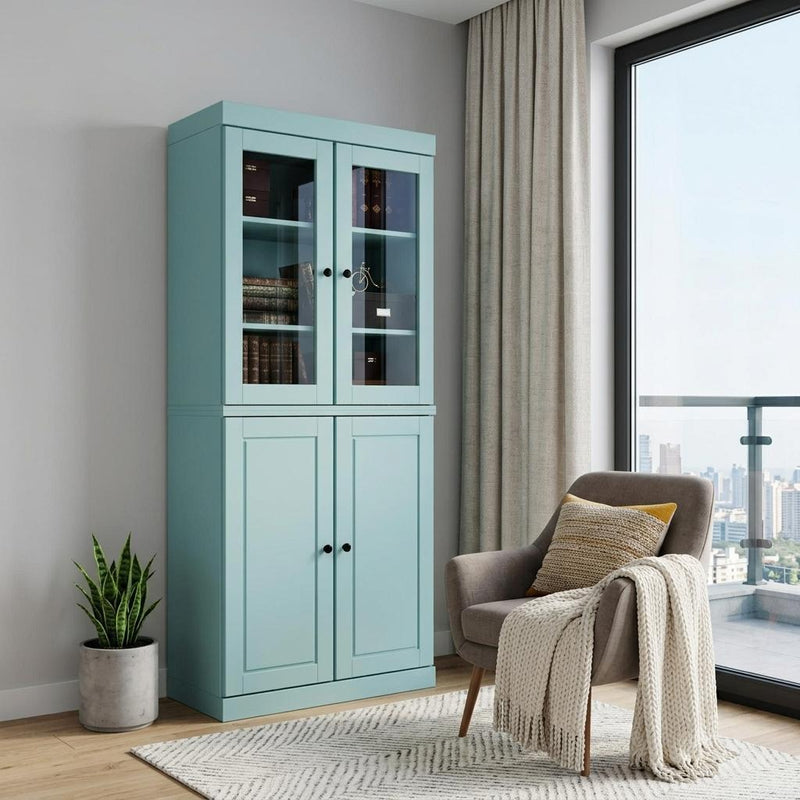 Solid Wood Adjustable Six Tier Library Bookcase With Four Doors (751520) - Aqua
