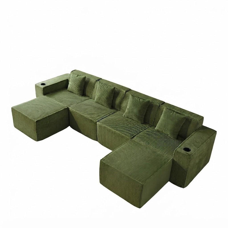 Corduroy Modular Sofa With Ottoman And Toss Pillows - Green