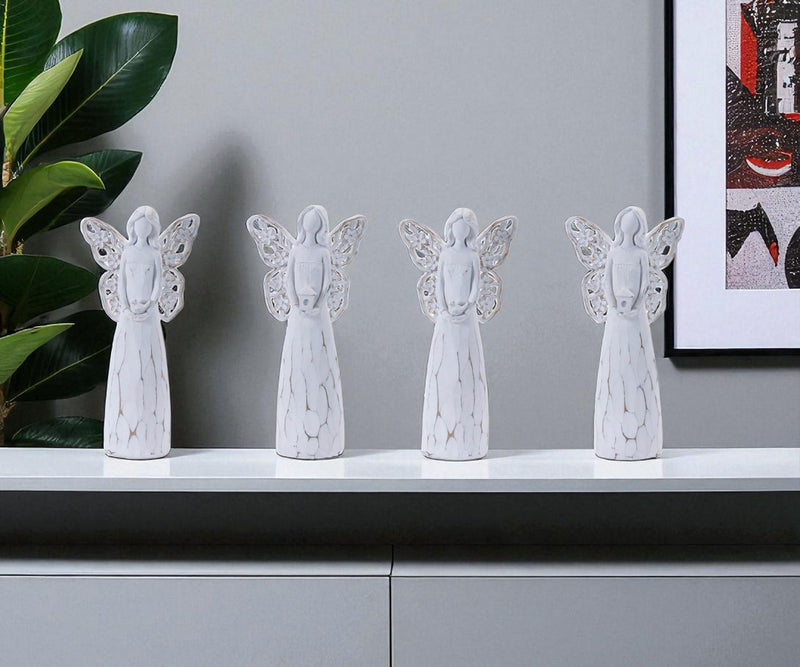 Poly Floral Wing Angel Figurines (Set of 4) - White