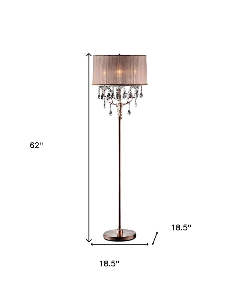 Steel Three Light Candelabra Floor Lamp With Silvery Pink Drum Shade - Silver