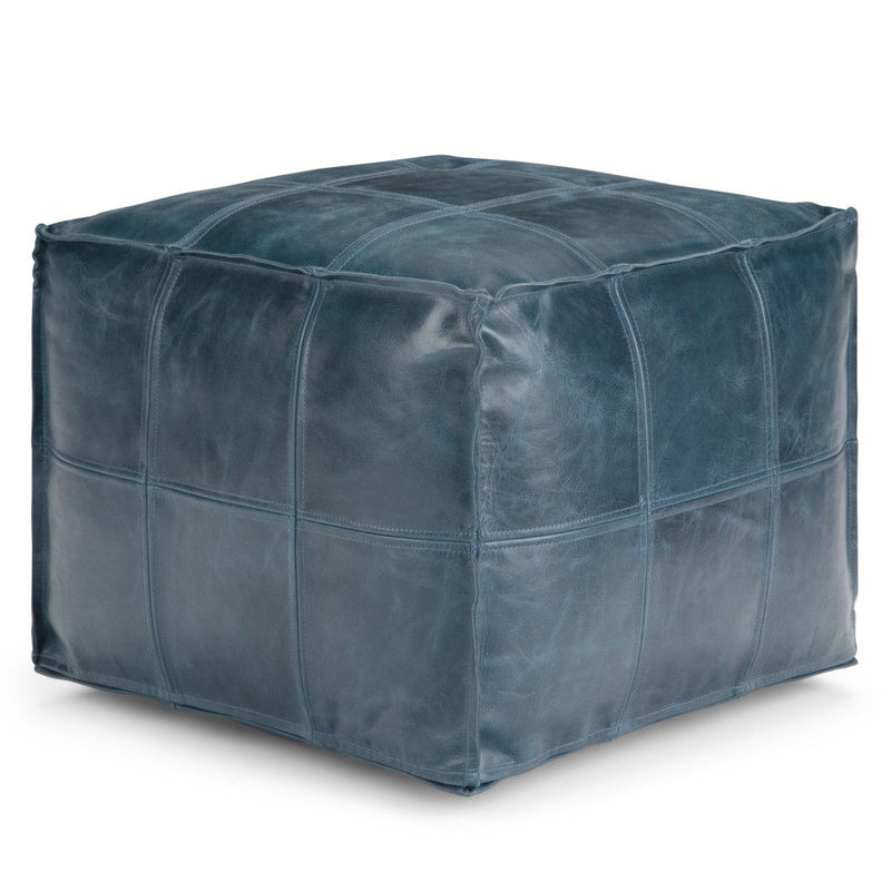 Leather Pouf Ottoman - Blue