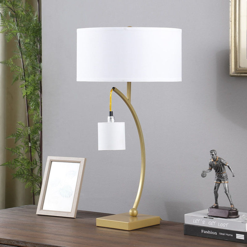 Metal Two Light Arched Table Lamp With White Drum Shade - Gold