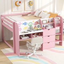 Load image into Gallery viewer, Low Loft Bed With Built In Desk, Storage Cabinets, Open Bookcase And Doodle board
