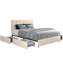 Load image into Gallery viewer, Vera Queen Size Ivory Velvet Upholstered Platform Bed with Patented 4 Drawers Storage, Square Stitched Button Tufted Headboard, Wooden Slat Mattress Support No Box Spring Required
