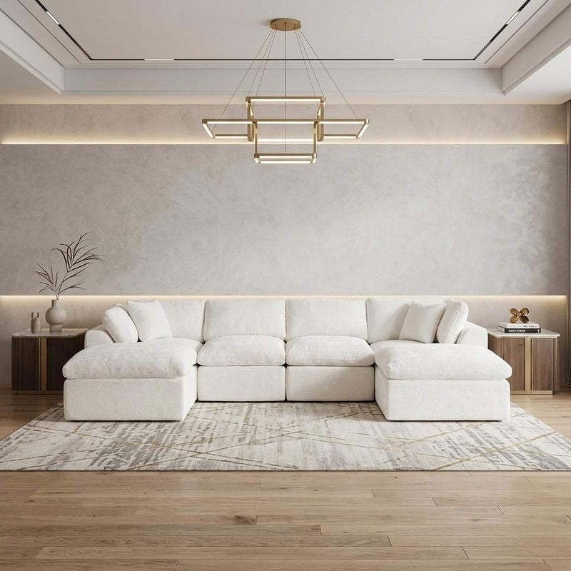 Chenille And Fabric Modular Sofa With Ottoman And Toss Pillows - Beige