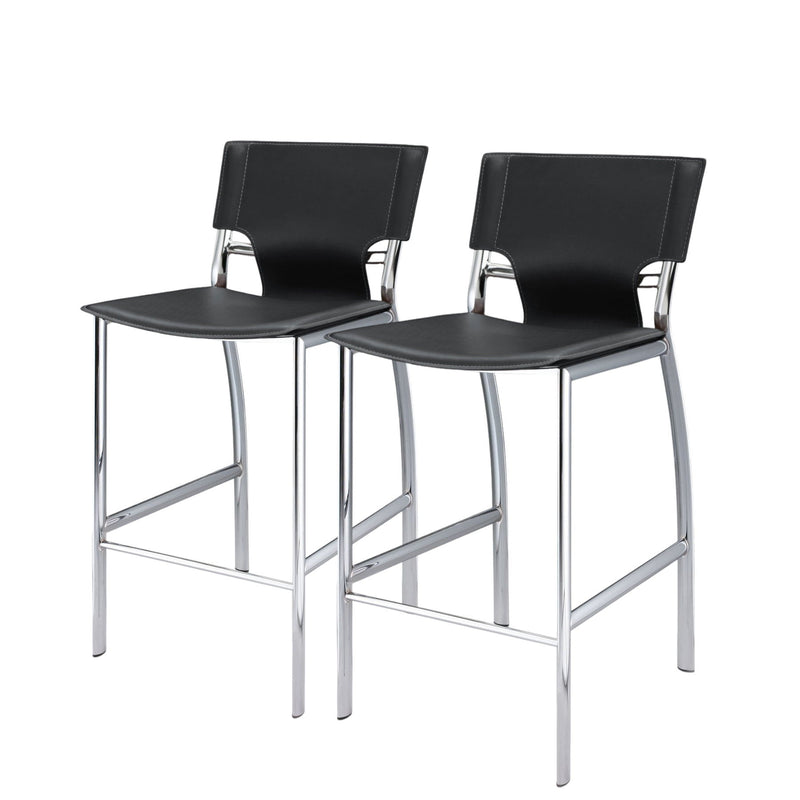 25" Faux Leather And Metal Low Back Counter Height Bar Chairs (Set of 2) - Black / Silver