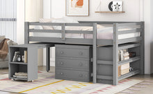 Load image into Gallery viewer, Low Study Full Loft Bed with Cabinet ,Shelves and Rolling Portable Desk ,Multiple Functions Bed- Gray
