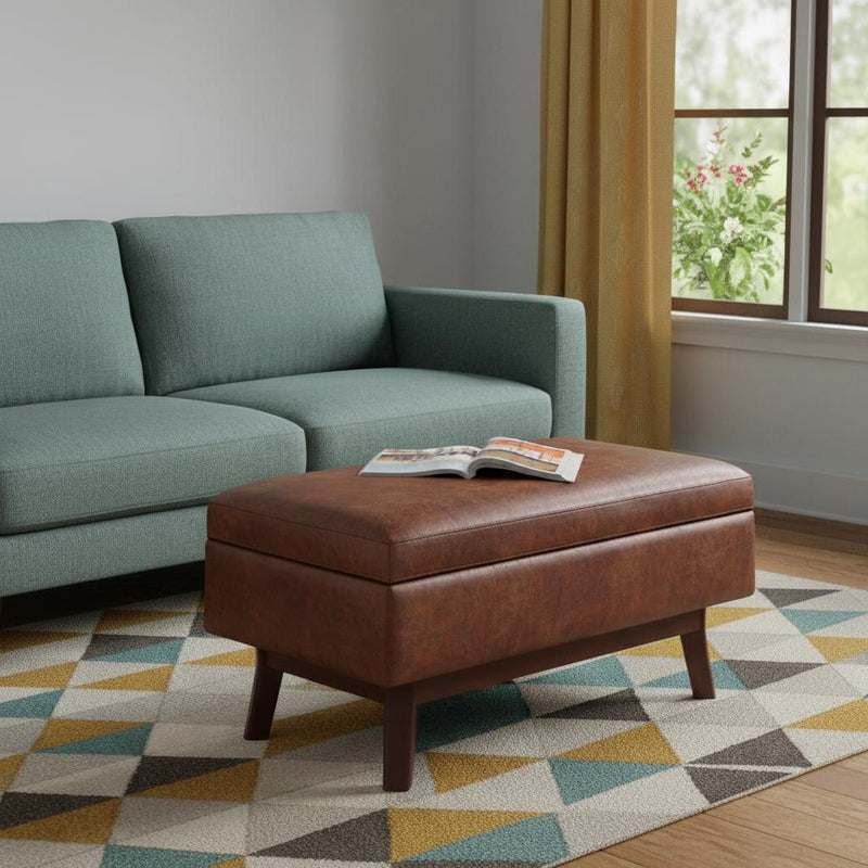 Mid-Century Leather Cocktail Ottoman With Storage - Brown