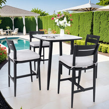 Load image into Gallery viewer, Modern Outdoor Patio Bar Set, Rounded Square Table &amp; Bar Chairs, Non Rust Frame, Tapered Legs, Sunbrella Cushion
